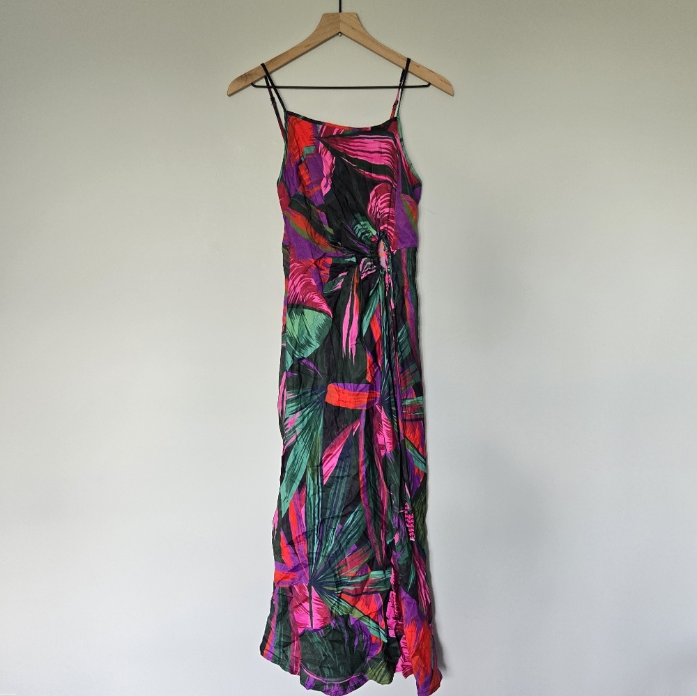 Farm Rio Midnight Leaves Viscose Cut Out Dress Size Medium Satin Slip Tropical - Picture 2 of 6